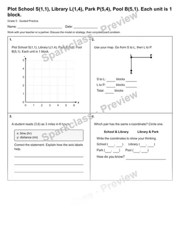 Plot School S(1,1), Library L(1,4), Park P(5,4), Pool B(5,1). Each unit is 1 block. — Guided Practice — Grade 5 worksheet preview