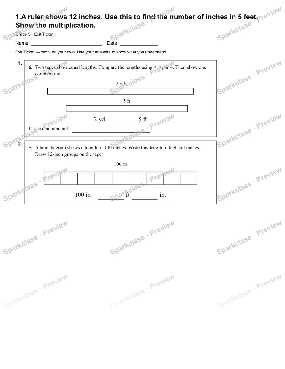 1.A ruler shows 12 inches. Use this to find the number of inches in 5 feet. Show the multiplication. — Exit Ticket — page 1