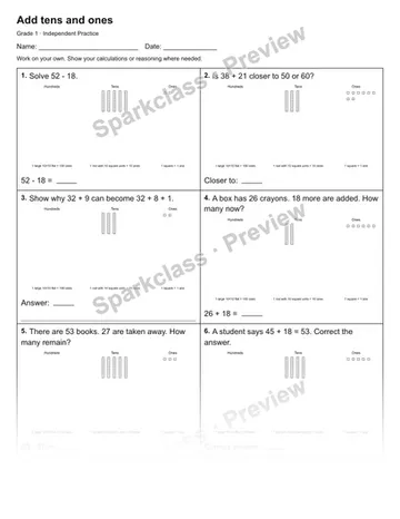 Add tens and ones — Independent Practice — Grade 1 worksheet preview