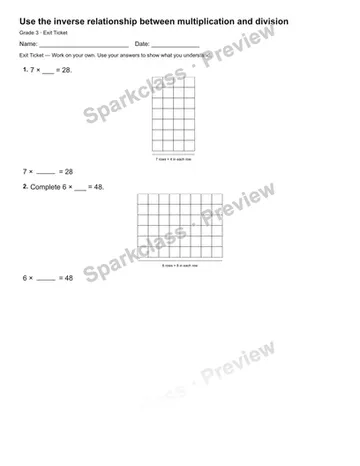 Use the inverse relationship between multiplication and division — Exit Ticket — Grade 3 worksheet preview