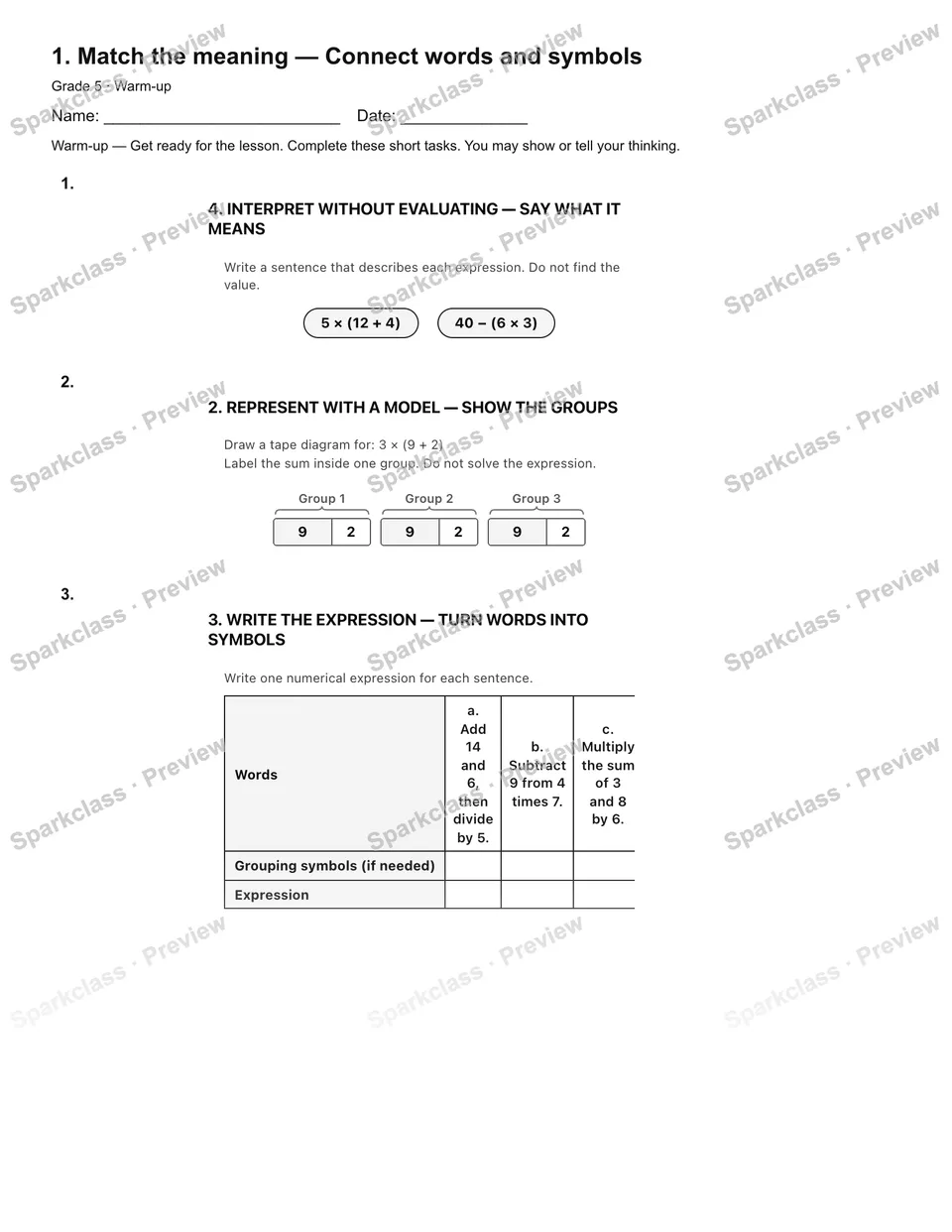 1. Match the meaning — Connect words and symbols — Warm-up — page 2