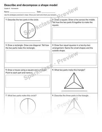 Describe and decompose a shape model — Homework — Kindergarten worksheet preview