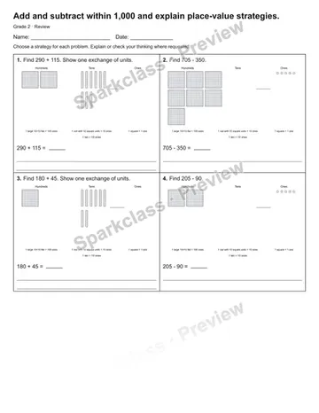 Add and subtract within 1,000 and explain place-value strategies. — Review — Grade 2 worksheet preview