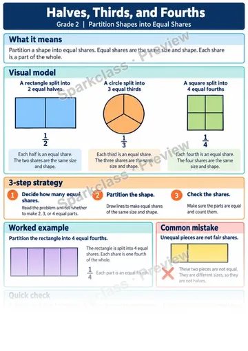 Knowledge Guide · Halves, Thirds, and Fourths — Grade 2 worksheet preview