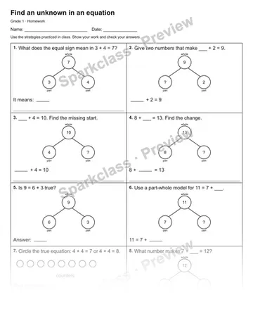 Find an unknown in an equation — Homework — Grade 1 worksheet preview