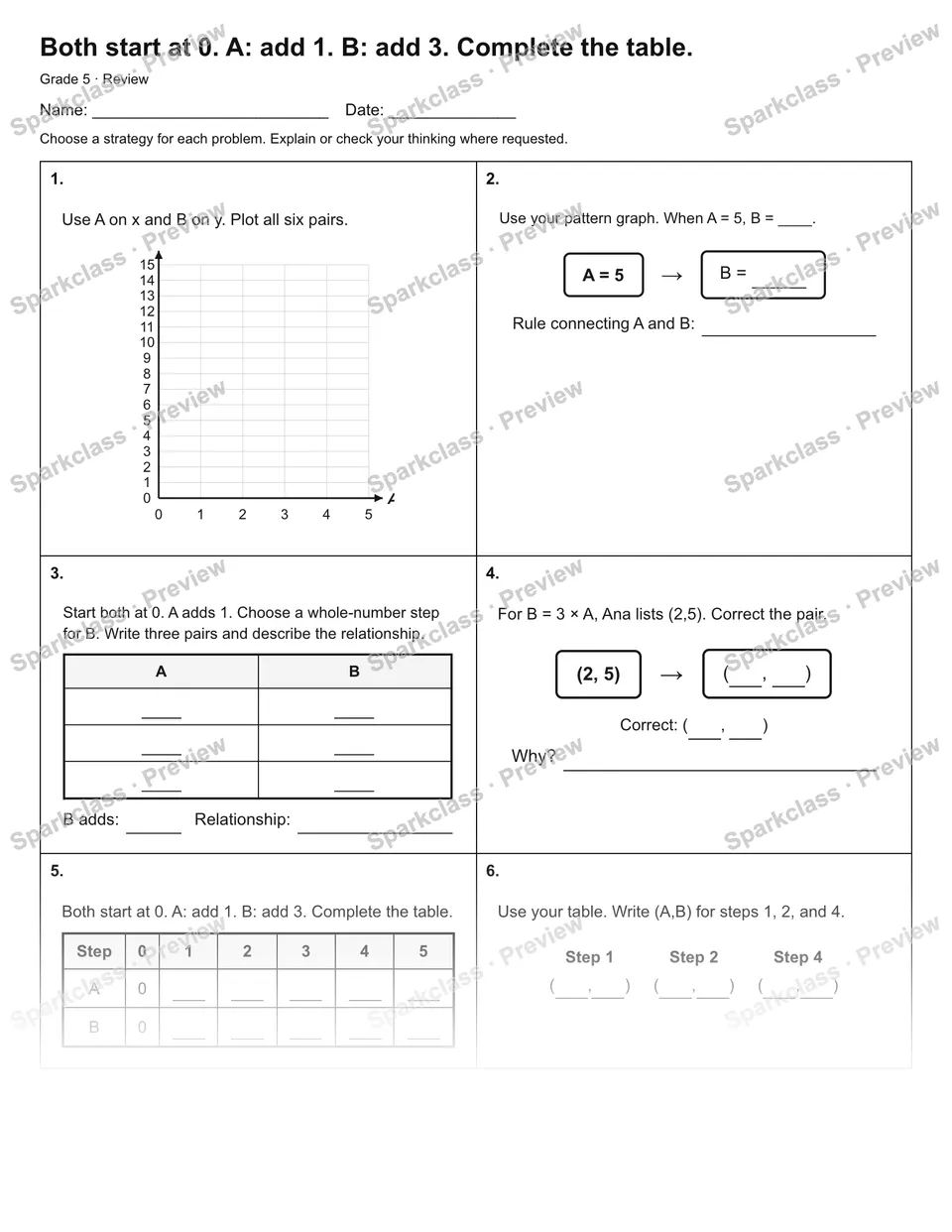 Both start at 0. A: add 1. B: add 3. Complete the table. — Review — page 1