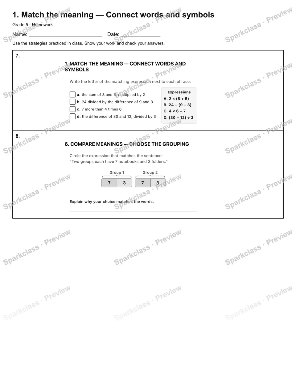 1. Match the meaning — Connect words and symbols — Homework — page 3