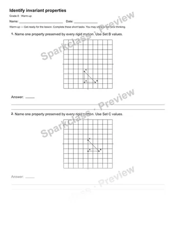 Identify invariant properties — Warm-up — Grade 8 worksheet preview