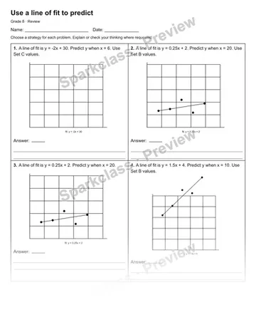 Use a line of fit to predict — Review — Grade 8 worksheet preview
