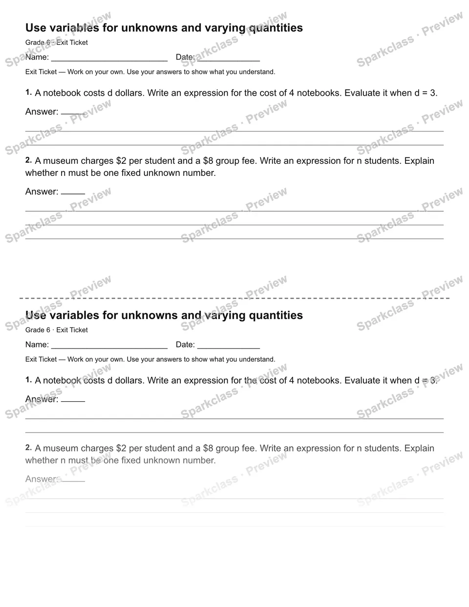 Use variables for unknowns and varying quantities — Exit Ticket — page 1