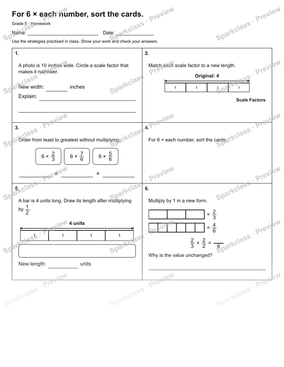 For 6 × each number, sort the cards. — Homework — page 1
