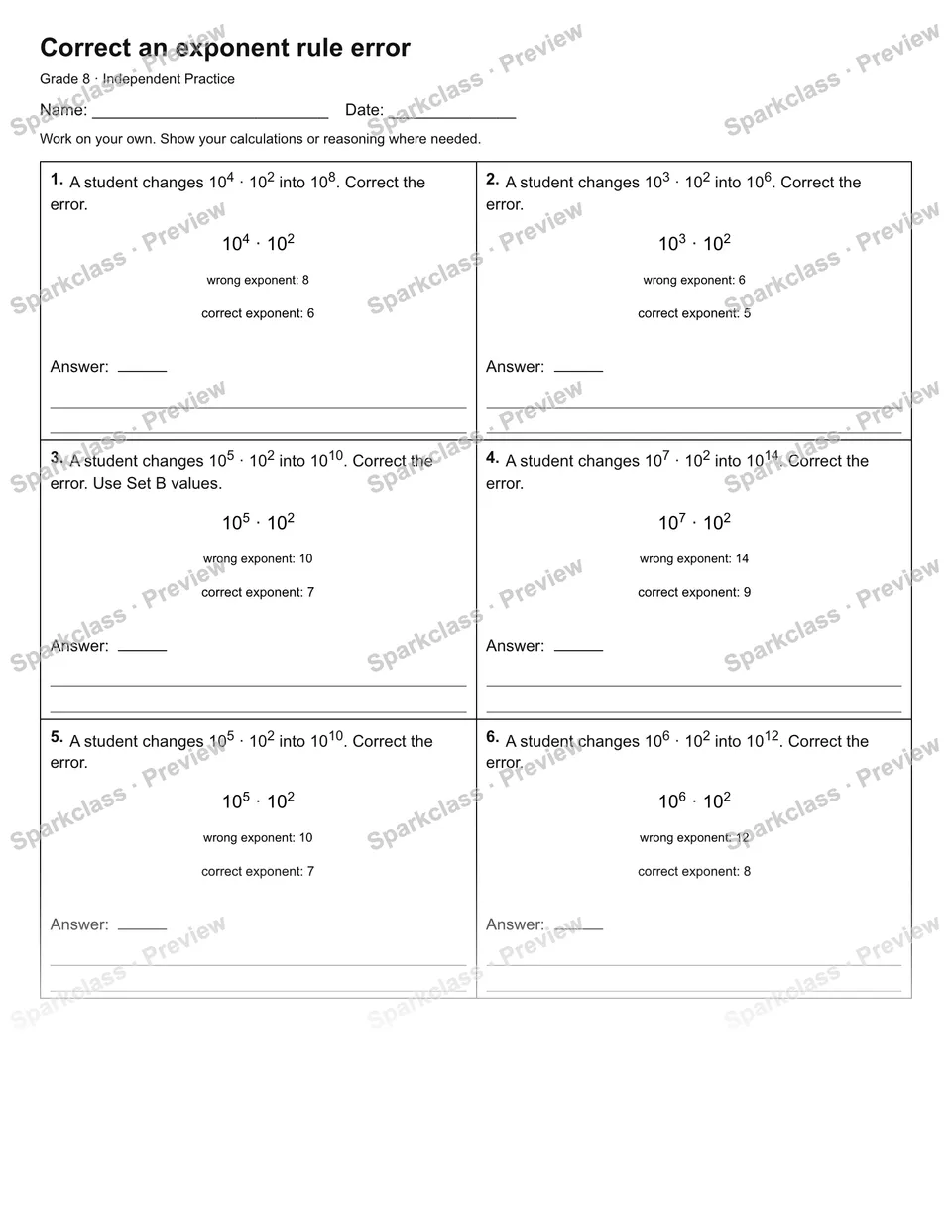 Correct an exponent rule error — Independent Practice — page 1