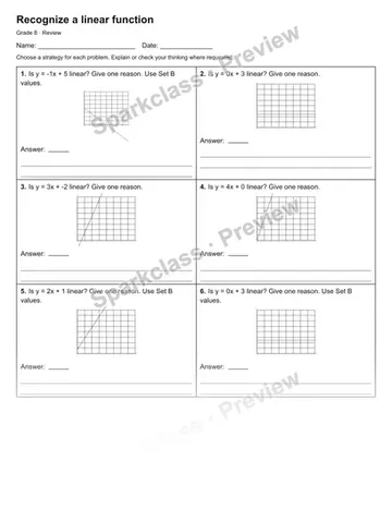 Recognize a linear function — Review — Grade 8 worksheet preview