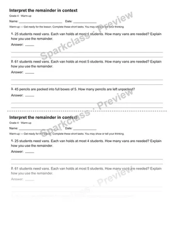Interpret the remainder in context — Warm-up — Grade 4 worksheet preview