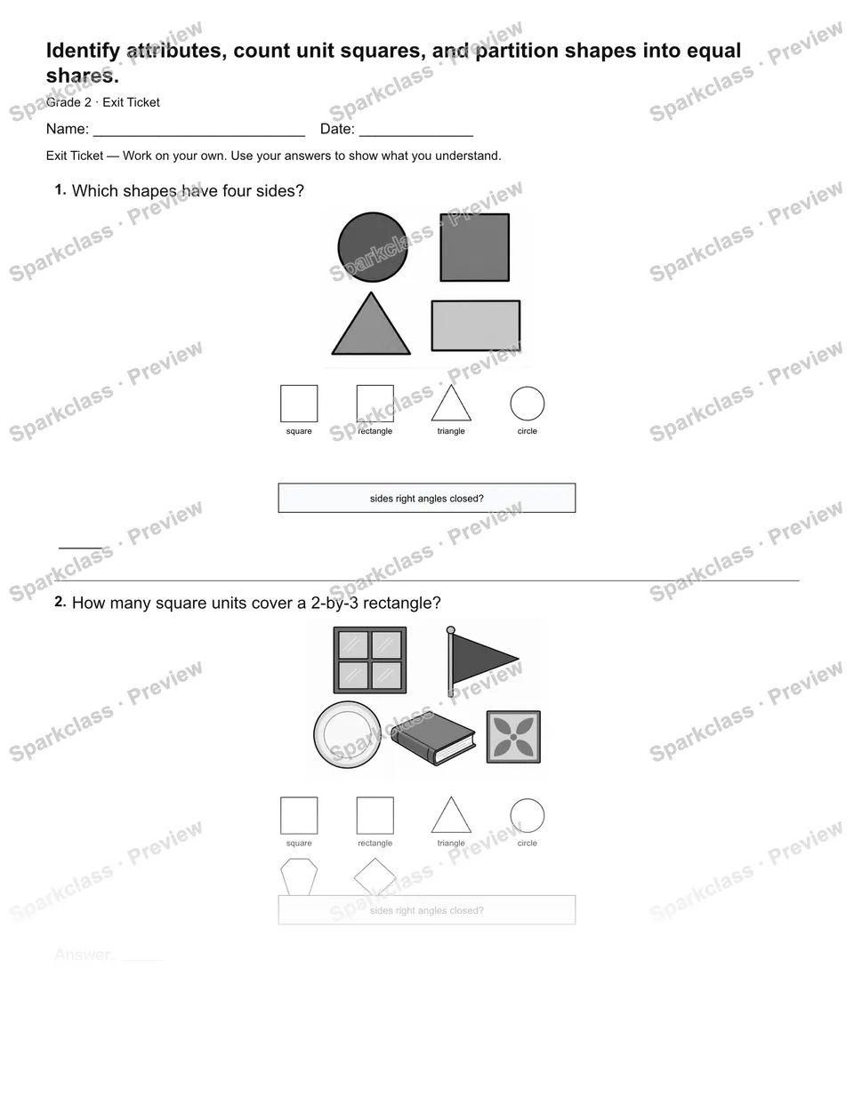 Identify attributes, count unit squares, and partition shapes into equal shares. — Exit Ticket — page 1