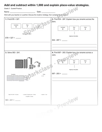 Add and subtract within 1,000 and explain place-value strategies. — Guided Practice — Grade 2 worksheet preview