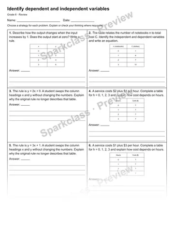 Identify dependent and independent variables — Review — Grade 6 worksheet preview