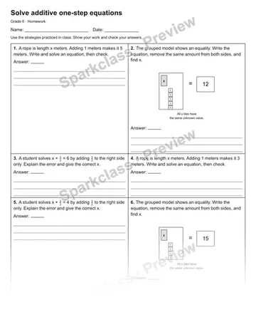 Solve additive one-step equations — Homework — Grade 6 worksheet preview