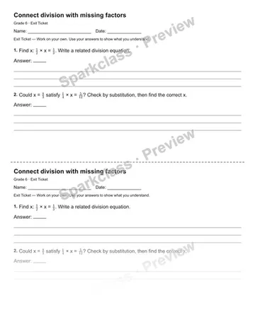 Connect division with missing factors — Exit Ticket — Grade 6 worksheet preview