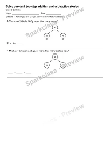 Solve one- and two-step addition and subtraction stories. — Exit Ticket — Grade 2 worksheet preview