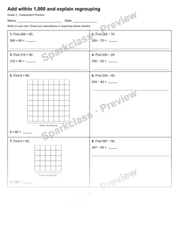 Add within 1,000 and explain regrouping — Independent Practice — Grade 3 worksheet preview