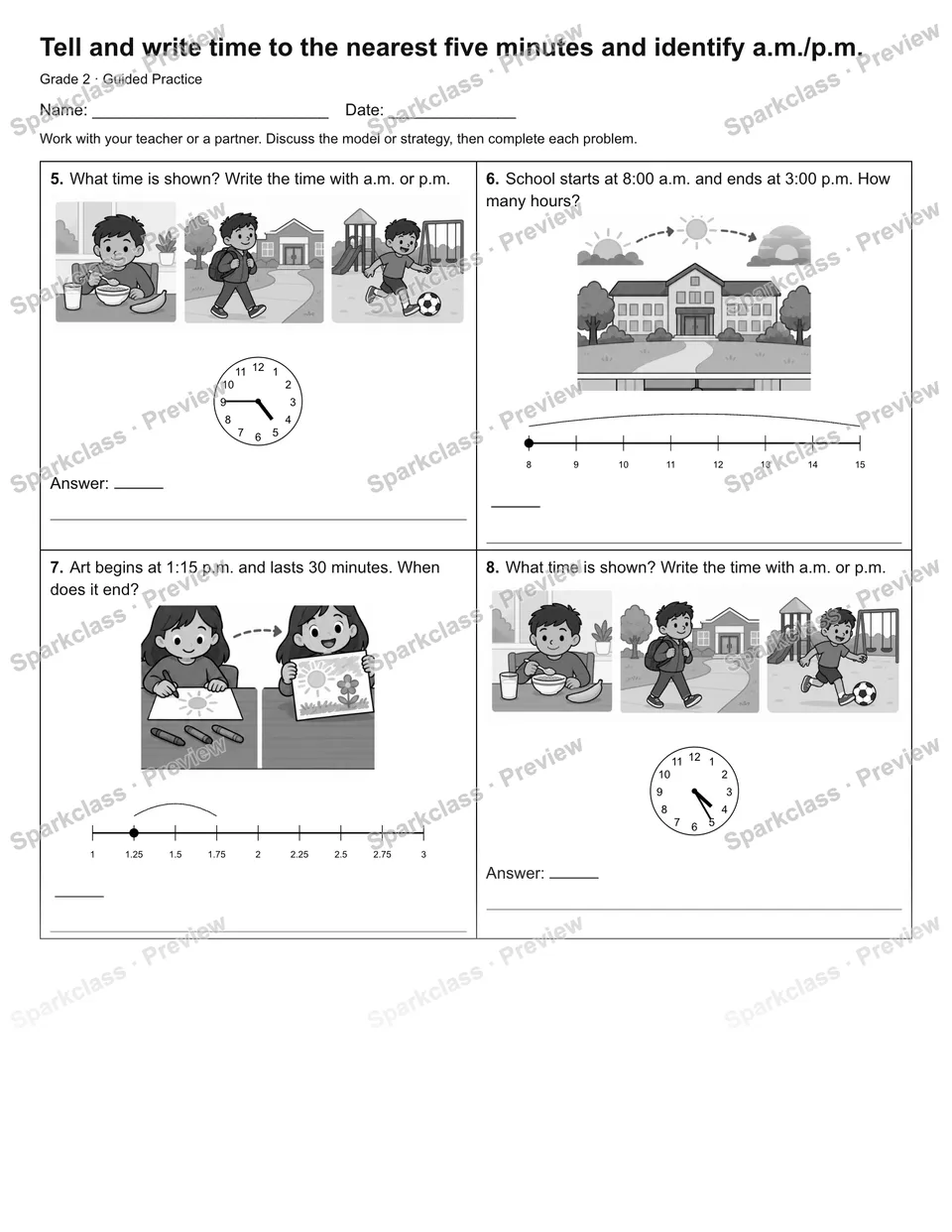 Tell and write time to the nearest five minutes and identify a.m./p.m. — Guided Practice — page 2