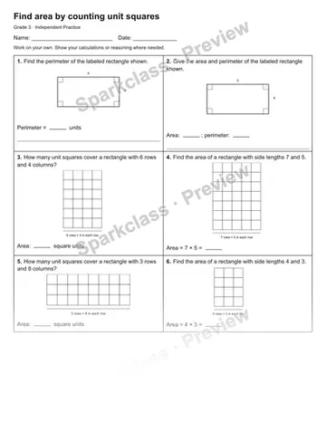 Find area by counting unit squares — Independent Practice — Grade 3 worksheet preview