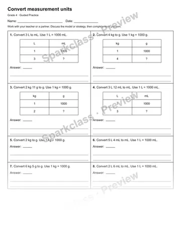 Convert measurement units — Guided Practice — Grade 4 worksheet preview