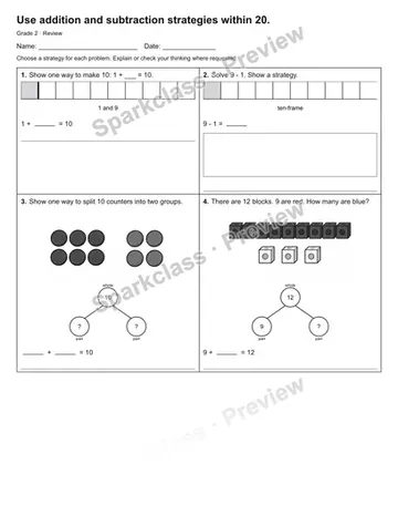 Use addition and subtraction strategies within 20. — Review — Grade 2 worksheet preview