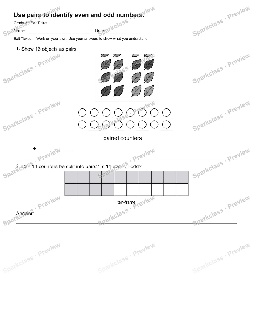 Use pairs to identify even and odd numbers. — Exit Ticket — page 1