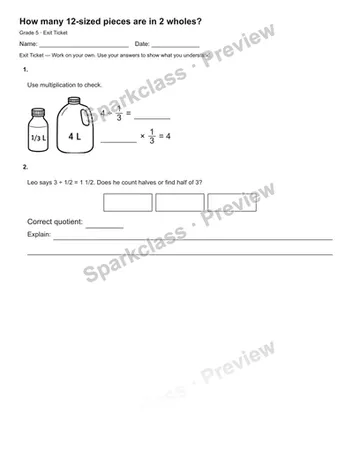 How many 12-sized pieces are in 2 wholes? — Exit Ticket — Grade 5 worksheet preview