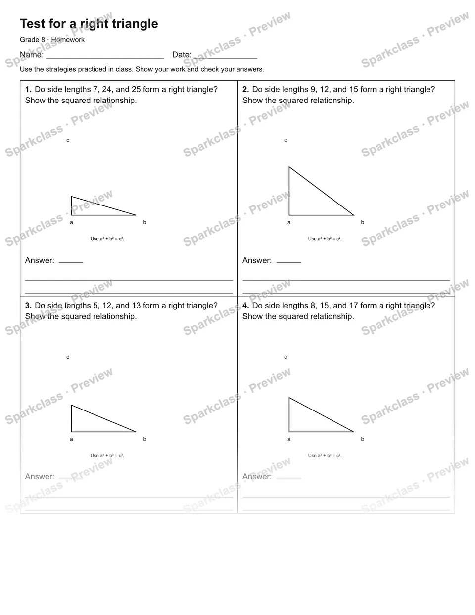 Test for a right triangle — Homework — page 1
