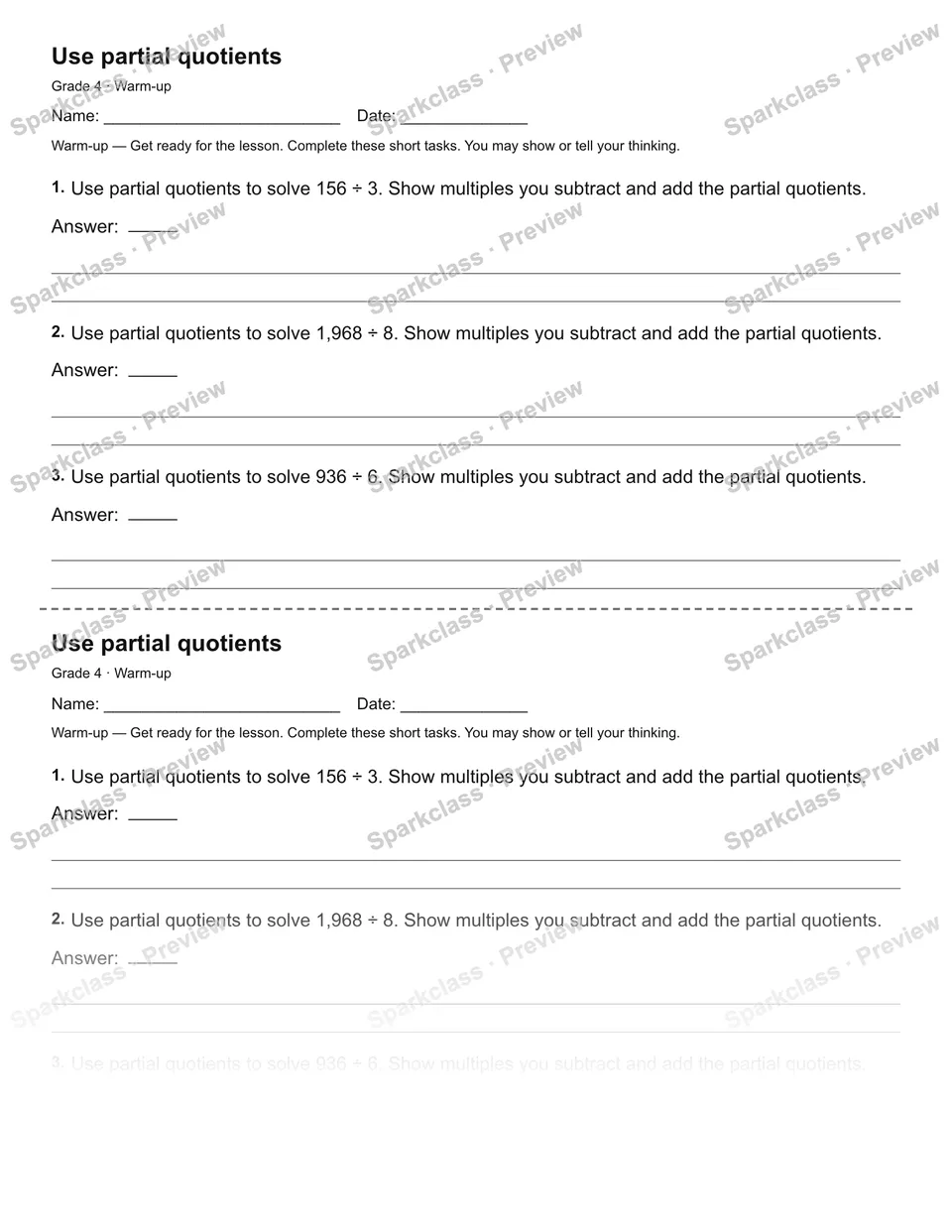 Use partial quotients — Warm-up — page 1