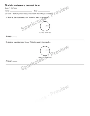 Find circumference in exact form — Exit Ticket — Grade 7 worksheet preview