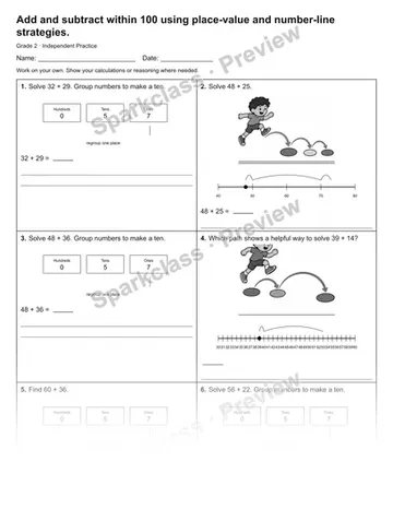 Add and subtract within 100 using place-value and number-line strategies. — Independent Practice — Grade 2 worksheet preview