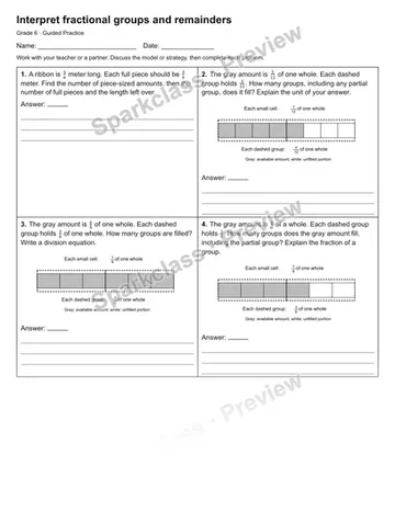 Interpret fractional groups and remainders — Guided Practice — Grade 6 worksheet preview