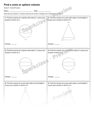 Find a cone or sphere volume — Guided Practice — Grade 8 worksheet preview