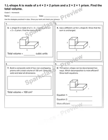 1.L-shape A is made of a 4 × 2 × 2 prism and a 2 × 2 × 1 prism. Find the total volume. — Homework — Grade 5 worksheet preview