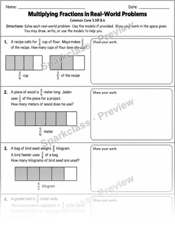 Fraction Multiplication Models — Grade 5 worksheet preview