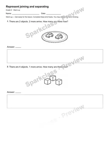 Represent joining and separating — Warm-up — Kindergarten worksheet preview