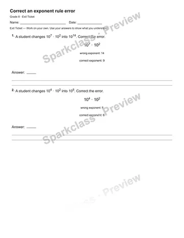 Correct an exponent rule error — Exit Ticket — Grade 8 worksheet preview