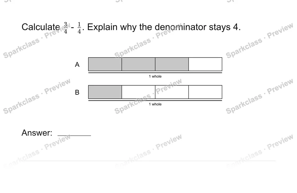 Add and subtract like-denominator fractions — page 1