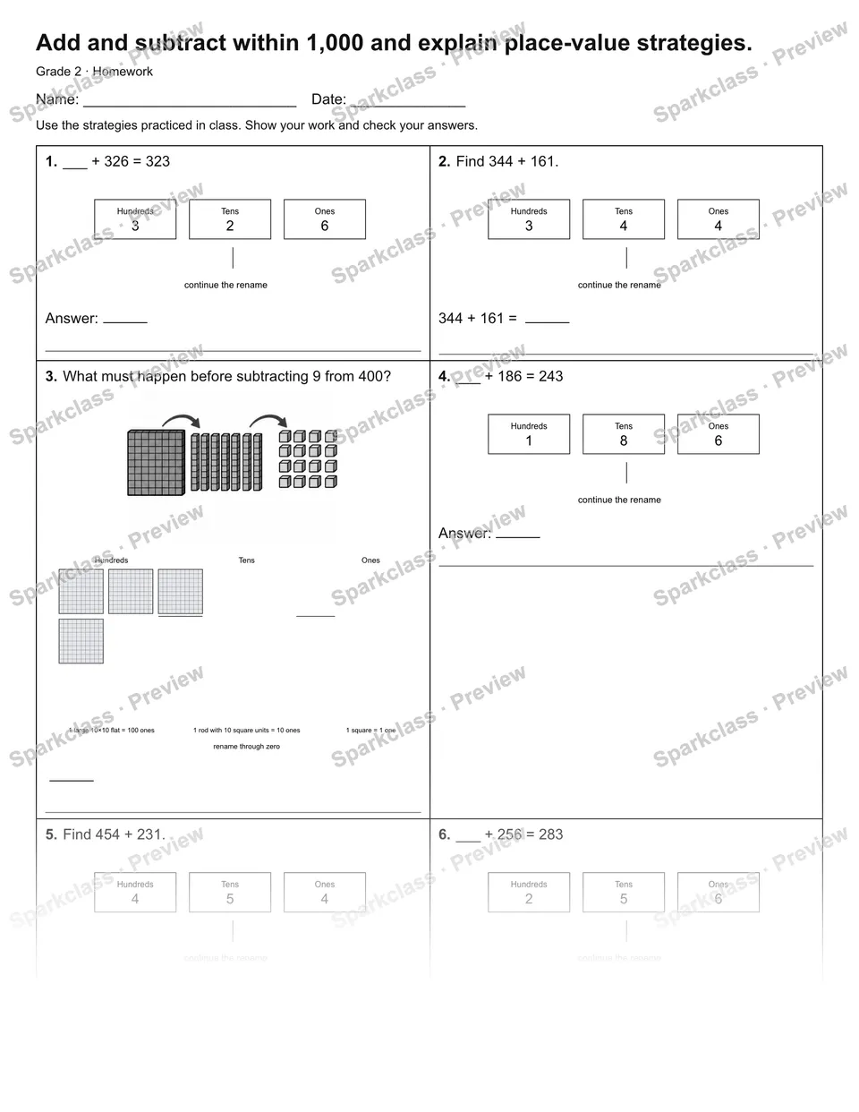 Add and subtract within 1,000 and explain place-value strategies. — Homework — page 1