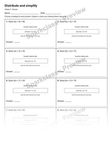 Distribute and simplify — Review — Grade 8 worksheet preview