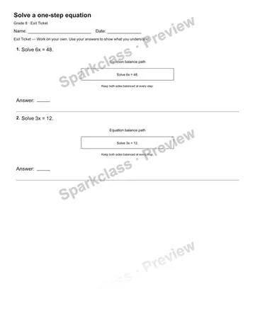 Solve a one-step equation — Exit Ticket — Grade 8 worksheet preview