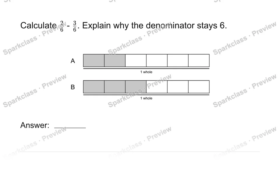 Add and subtract like-denominator fractions — page 1