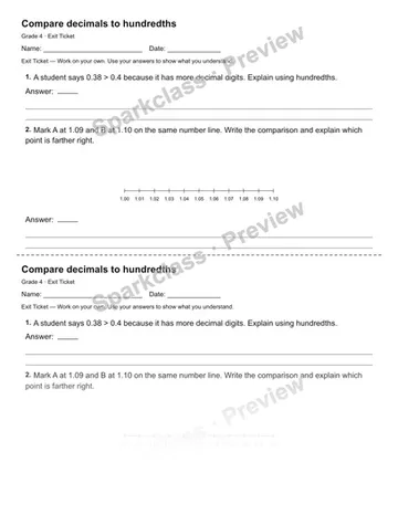 Compare decimals to hundredths — Exit Ticket — Grade 4 worksheet preview