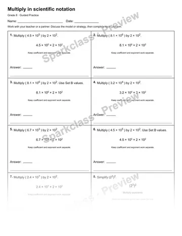 Multiply in scientific notation — Guided Practice — Grade 8 worksheet preview