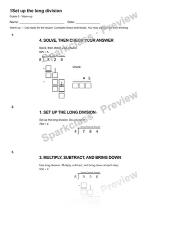 1Set up the long division — Warm-up — Grade 5 worksheet preview