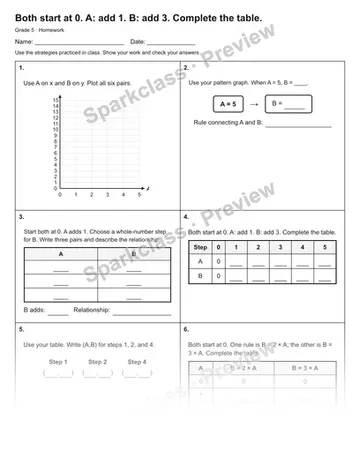Both start at 0. A: add 1. B: add 3. Complete the table. — Homework — Grade 5 worksheet preview